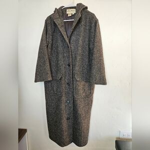 Vtg Eddie Bauer Women's Black and Brown Tweed Hooded Coat